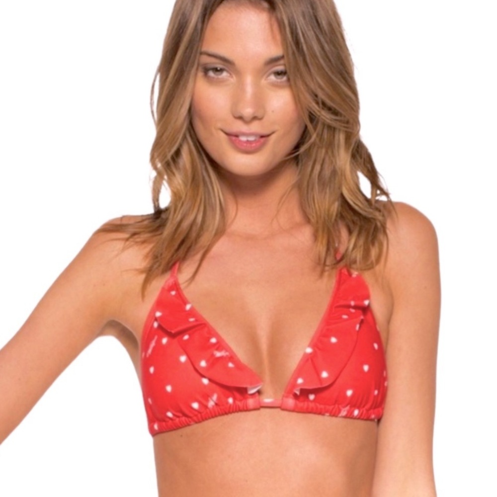 WILDFOX Pin Up Heart Print Red & Tiny White Heart Triangle Bikini Top Size Small